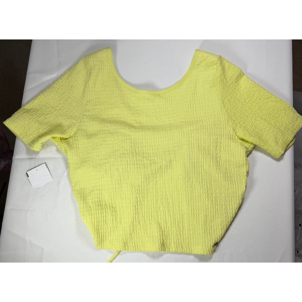 NEW Neon Yellow Textured Open Back Tie Crop Top Short Sleeve Small